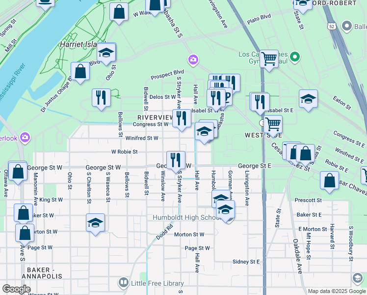 map of restaurants, bars, coffee shops, grocery stores, and more near 495 Stryker Avenue in Saint Paul