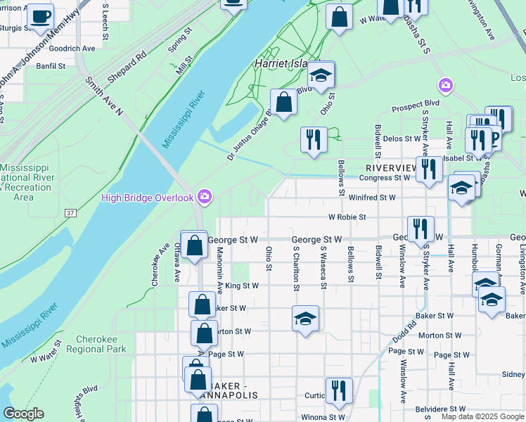 map of restaurants, bars, coffee shops, grocery stores, and more near 500 Ohio Street in Saint Paul