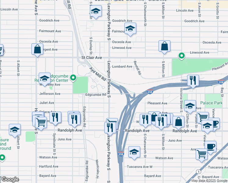 map of restaurants, bars, coffee shops, grocery stores, and more near 360 Lexington Parkway South in Saint Paul