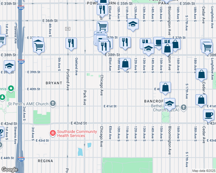 map of restaurants, bars, coffee shops, grocery stores, and more near 3941 Elliot Avenue in Minneapolis