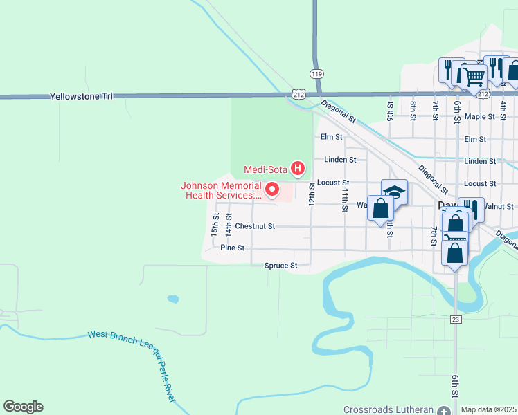 map of restaurants, bars, coffee shops, grocery stores, and more near 618 Memorial Place in Dawson