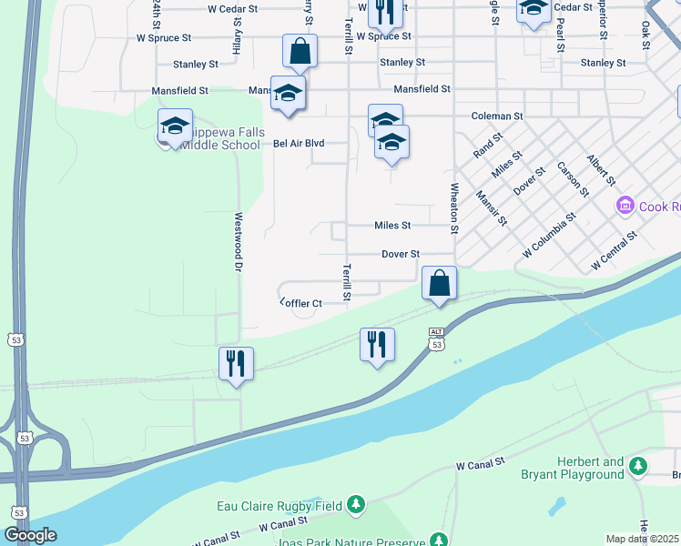 map of restaurants, bars, coffee shops, grocery stores, and more near 512 Terrill Street in Chippewa Falls