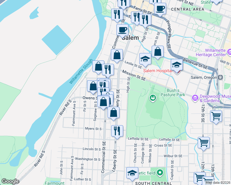 map of restaurants, bars, coffee shops, grocery stores, and more near 1049 Liberty Street Southeast in Salem