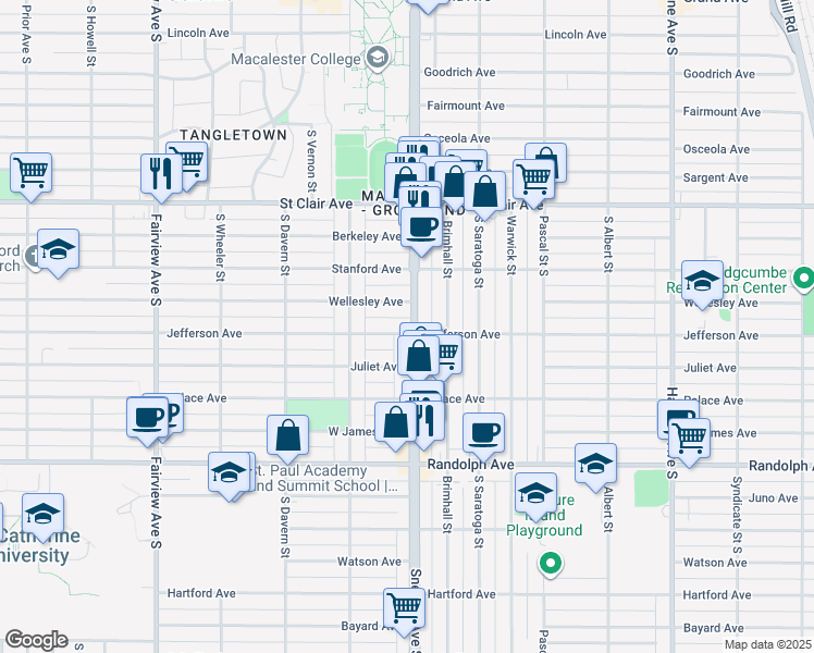 map of restaurants, bars, coffee shops, grocery stores, and more near 1601 Jefferson Avenue in Saint Paul