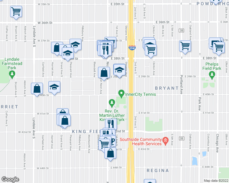 map of restaurants, bars, coffee shops, grocery stores, and more near 3957 Nicollet Avenue in Minneapolis
