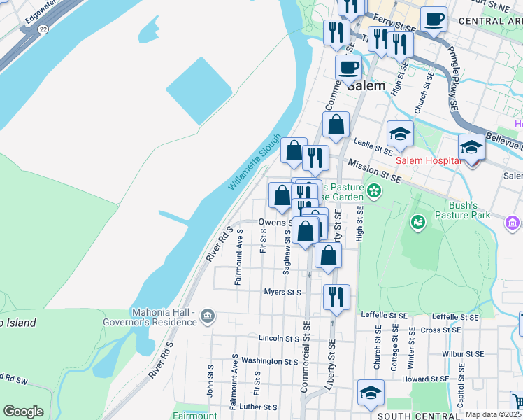 map of restaurants, bars, coffee shops, grocery stores, and more near 1045 Fir Street South in Salem