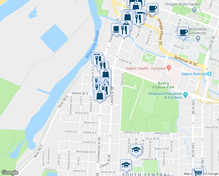 map of restaurants, bars, coffee shops, grocery stores, and more near 1043 Liberty Street Southeast in Salem