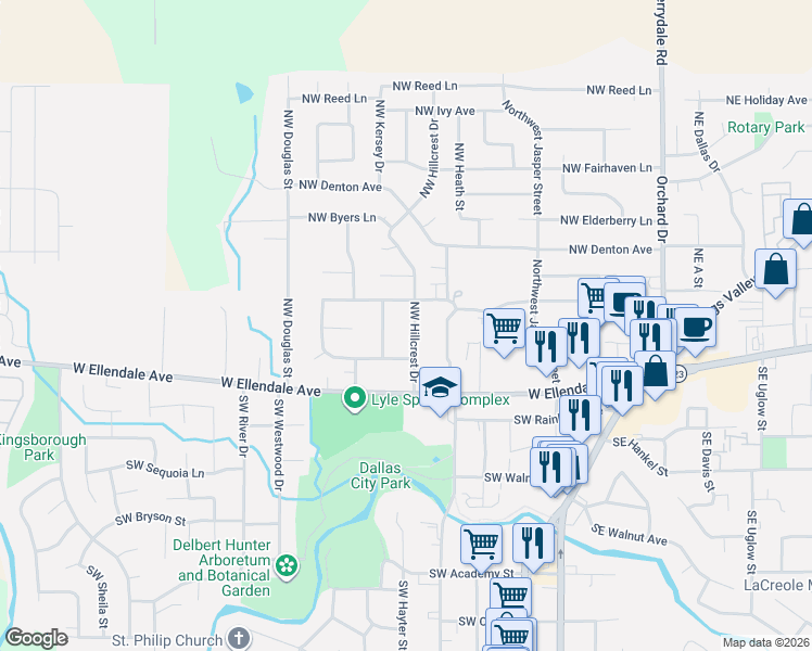 map of restaurants, bars, coffee shops, grocery stores, and more near 270 Northwest Hillcrest Drive in Dallas