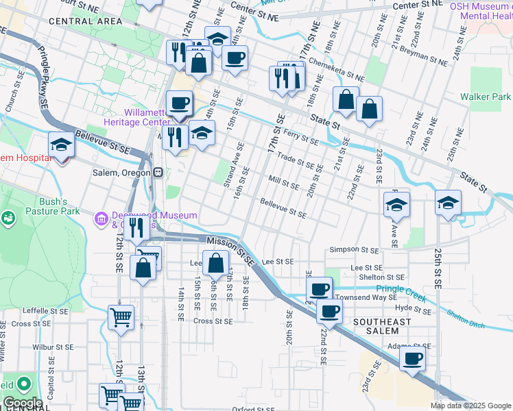 map of restaurants, bars, coffee shops, grocery stores, and more near 1670-1690 Bellevue Street Southeast in Salem