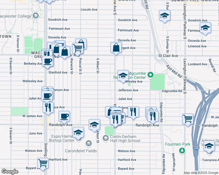 map of restaurants, bars, coffee shops, grocery stores, and more near 1357 Jefferson Avenue in Saint Paul