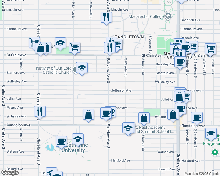 map of restaurants, bars, coffee shops, grocery stores, and more near 1817 West Jefferson Avenue in Saint Paul
