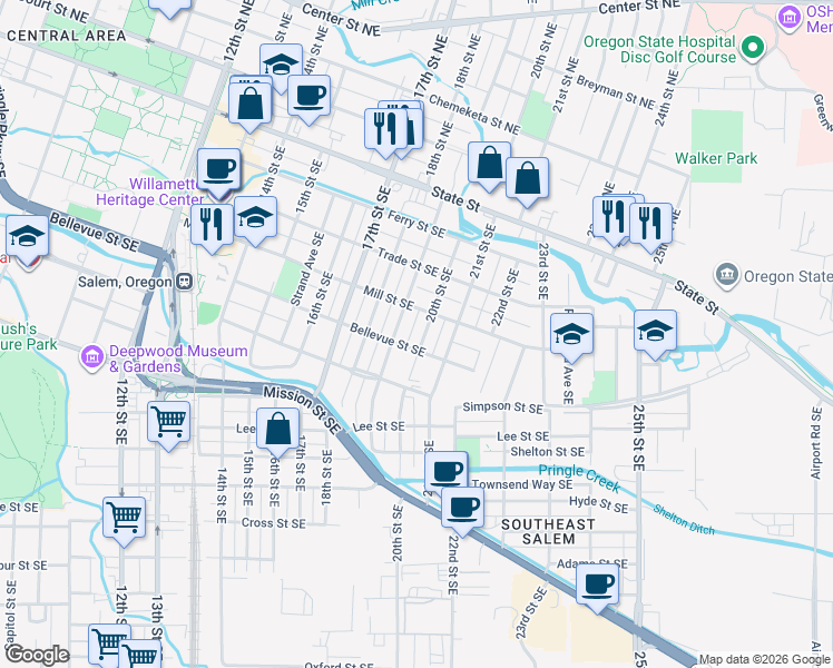 map of restaurants, bars, coffee shops, grocery stores, and more near 465 20th Street Southeast in Salem