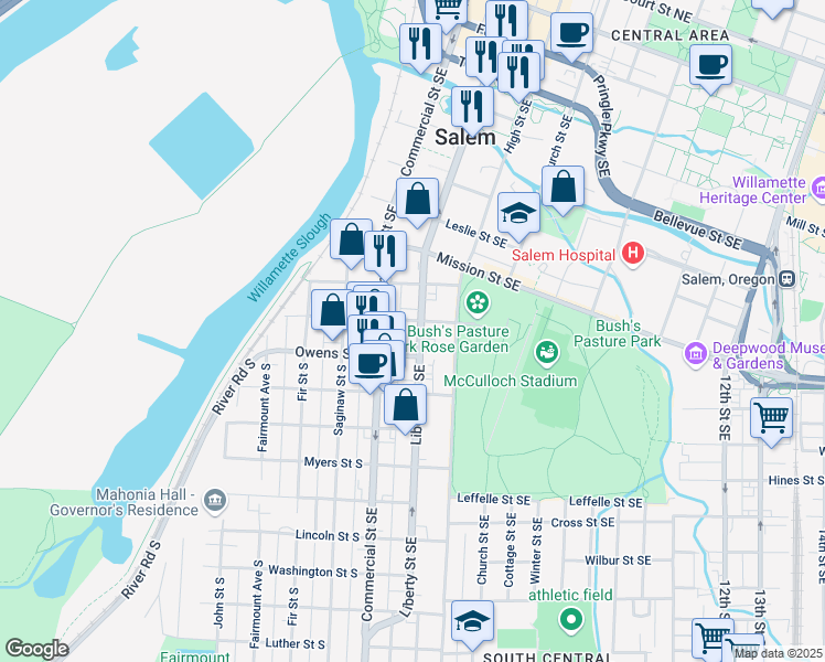 map of restaurants, bars, coffee shops, grocery stores, and more near 1035 Liberty Street Southeast in Salem