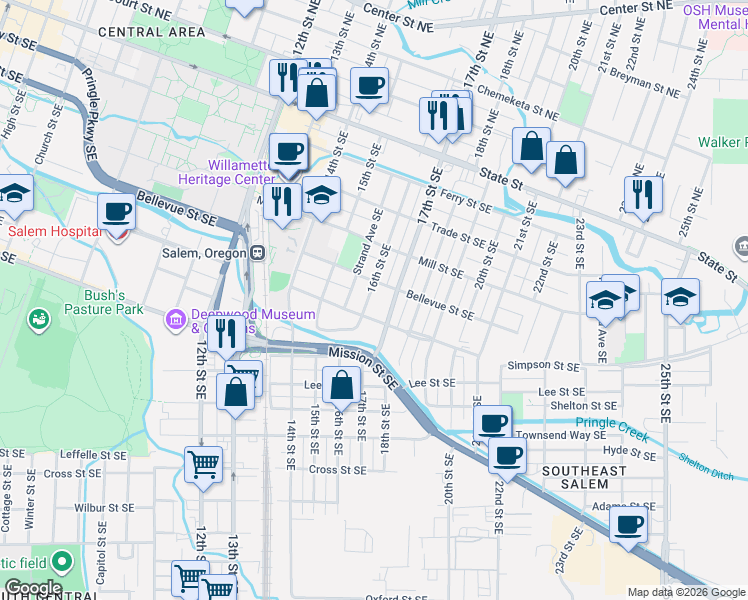 map of restaurants, bars, coffee shops, grocery stores, and more near 550 16th Street Southeast in Salem