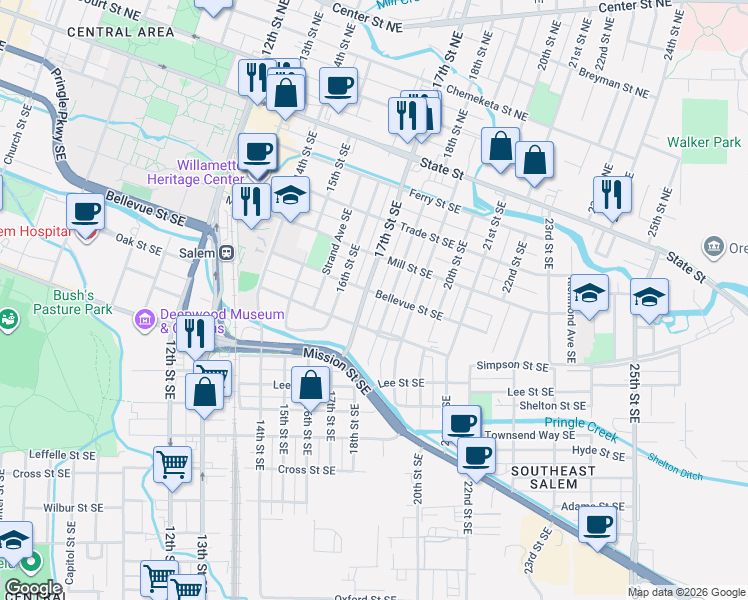 map of restaurants, bars, coffee shops, grocery stores, and more near 1670-1690 Bellevue Street Southeast in Salem