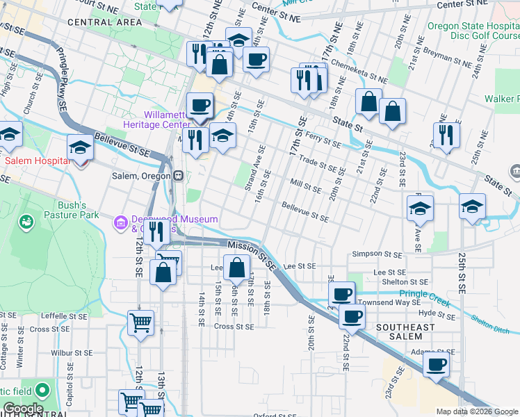 map of restaurants, bars, coffee shops, grocery stores, and more near 1670-1690 Bellevue Street Southeast in Salem