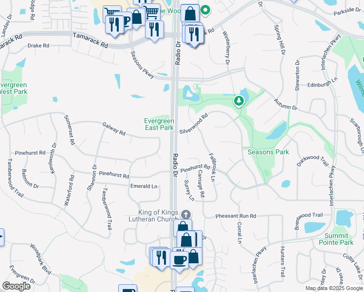 map of restaurants, bars, coffee shops, grocery stores, and more near 1064 Silverwood Alcove in Woodbury