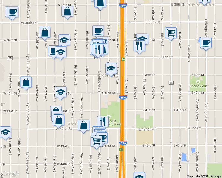 map of restaurants, bars, coffee shops, grocery stores, and more near 3939 1st Avenue South in Minneapolis