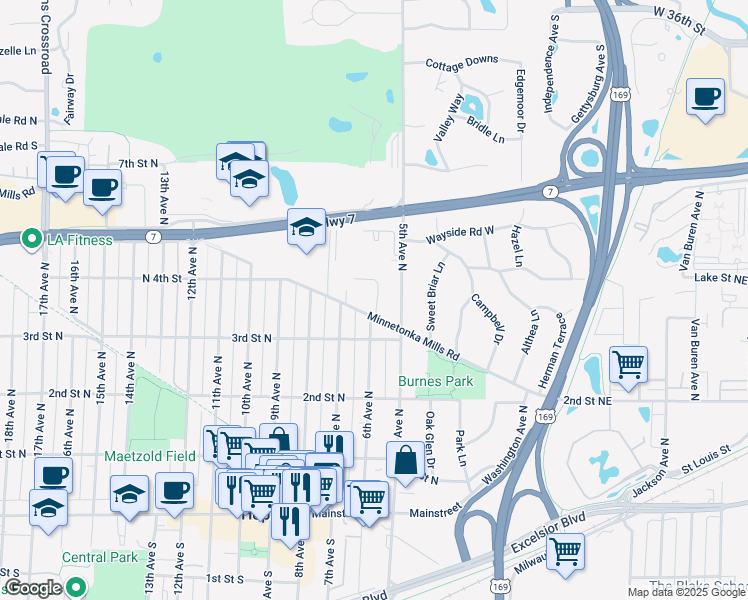 map of restaurants, bars, coffee shops, grocery stores, and more near 334 5th Avenue North in Hopkins
