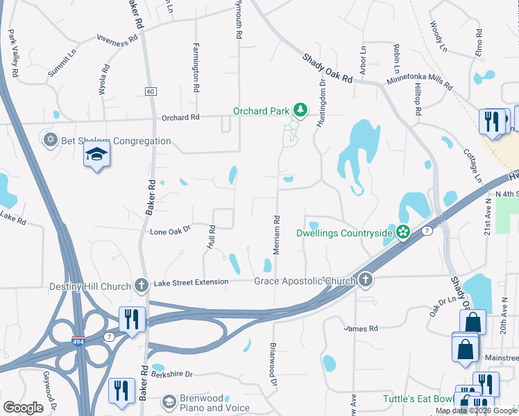 map of restaurants, bars, coffee shops, grocery stores, and more near 12712 Myrtle Circle in Hopkins