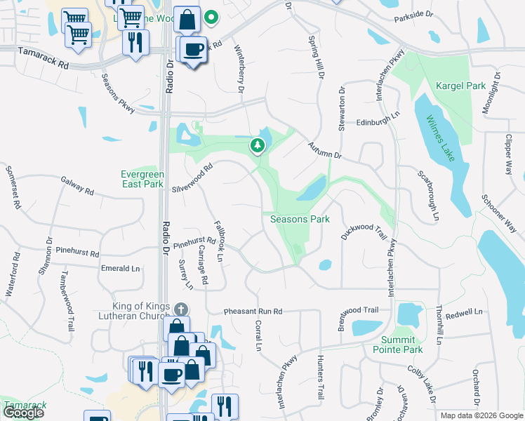 map of restaurants, bars, coffee shops, grocery stores, and more near 1233 Silverwood Road in Woodbury