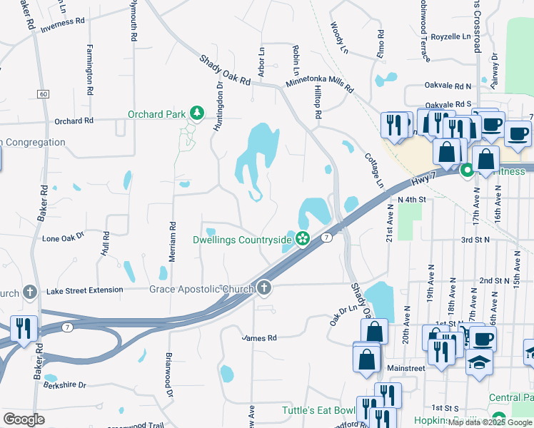 map of restaurants, bars, coffee shops, grocery stores, and more near 4014 Auburn Drive in Hopkins