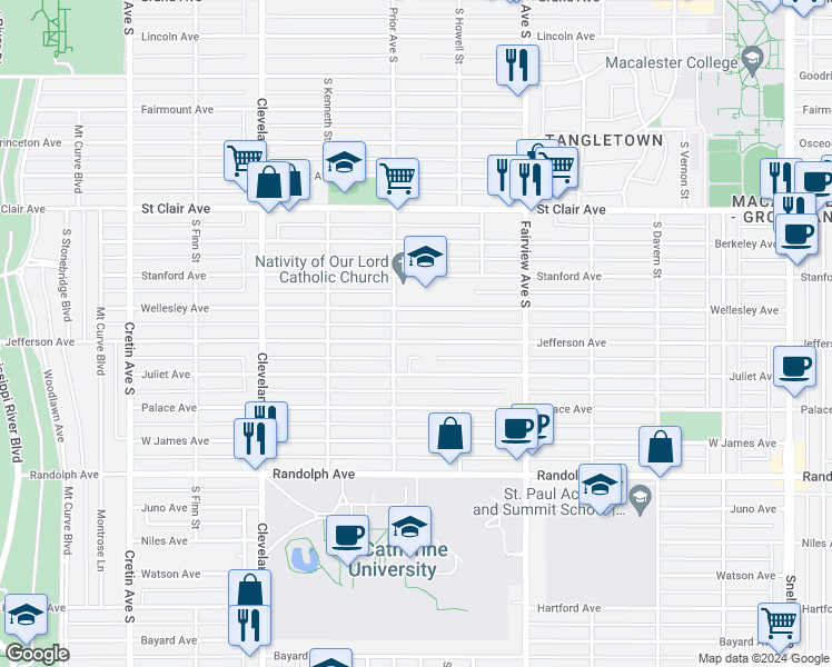 map of restaurants, bars, coffee shops, grocery stores, and more near 1923 Jefferson Avenue in Saint Paul