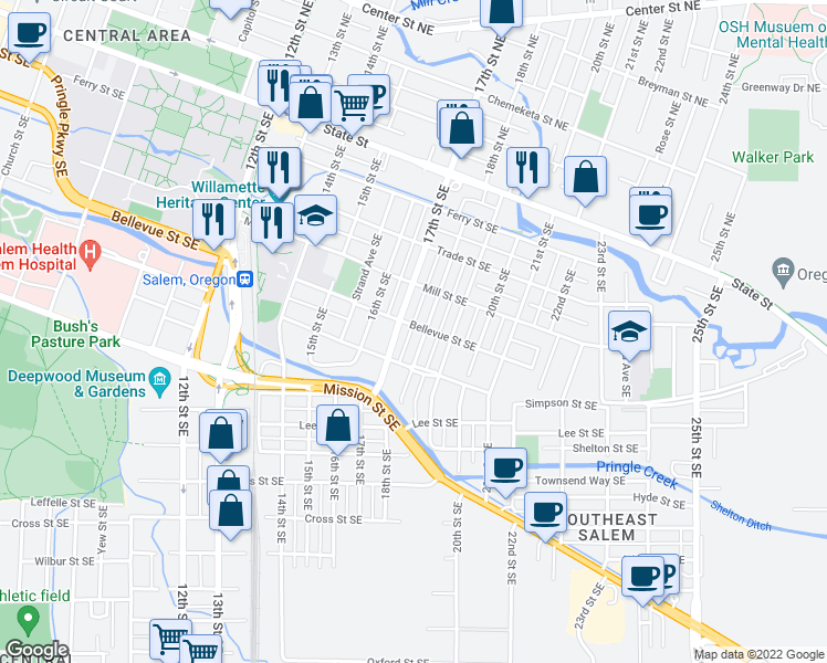 map of restaurants, bars, coffee shops, grocery stores, and more near 1760 Bellevue Street Southeast in Salem