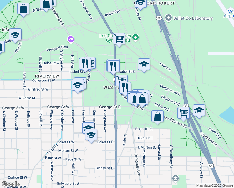 map of restaurants, bars, coffee shops, grocery stores, and more near 506 Robert Street Service Road in Saint Paul
