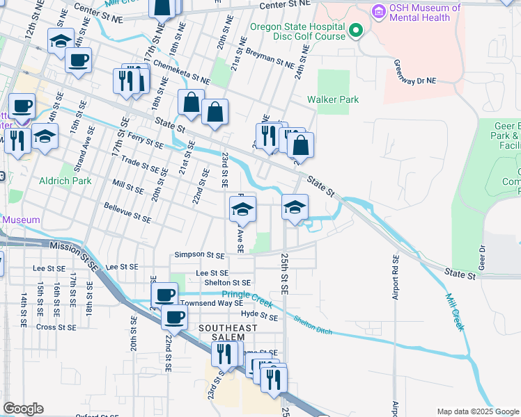 map of restaurants, bars, coffee shops, grocery stores, and more near 364 24th Street Southeast in Salem