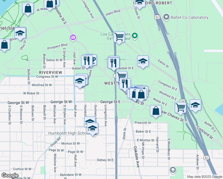 map of restaurants, bars, coffee shops, grocery stores, and more near 514 Humboldt Avenue in Saint Paul