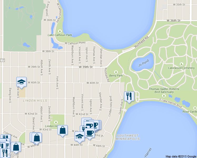 map of restaurants, bars, coffee shops, grocery stores, and more near 3940 Sheridan Avenue South in Minneapolis