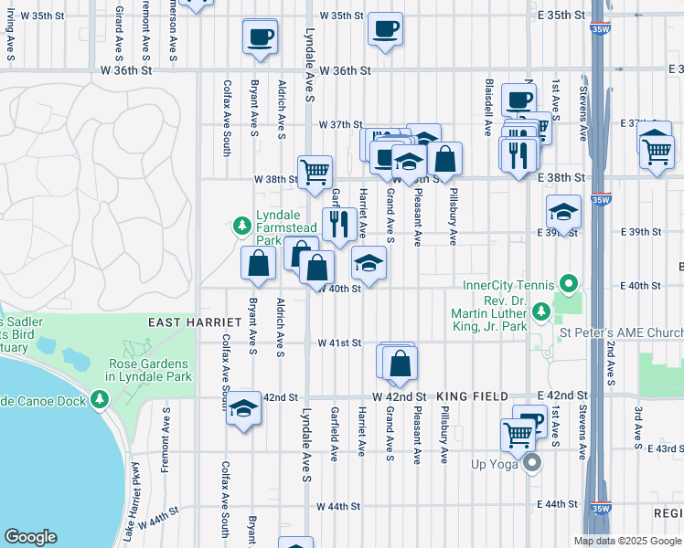 map of restaurants, bars, coffee shops, grocery stores, and more near 3945 Garfield Avenue in Minneapolis