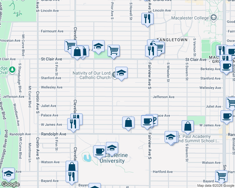 map of restaurants, bars, coffee shops, grocery stores, and more near 1923 Jefferson Avenue in Saint Paul