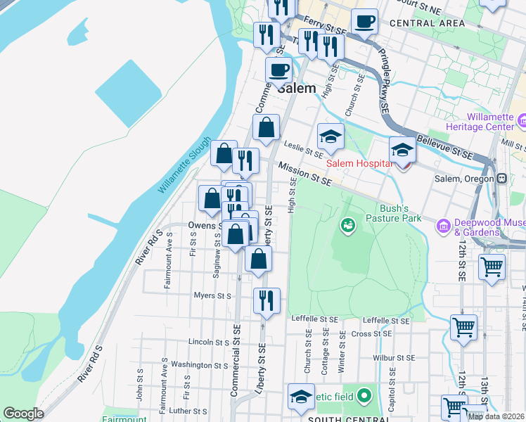 map of restaurants, bars, coffee shops, grocery stores, and more near 1027 Liberty Street Southeast in Salem