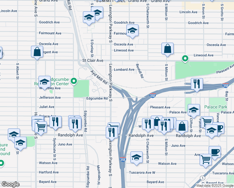 map of restaurants, bars, coffee shops, grocery stores, and more near 360 Lexington Pkwy S in St Paul