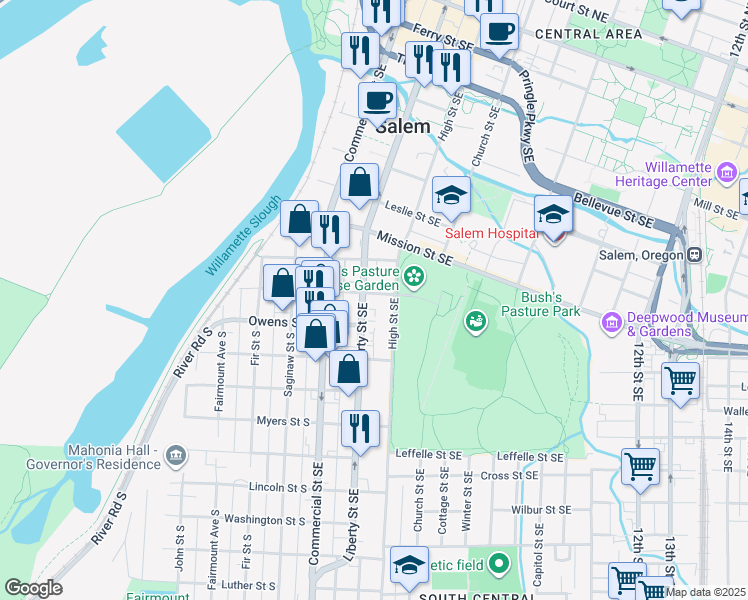 map of restaurants, bars, coffee shops, grocery stores, and more near 440 Bush Street Southeast in Salem