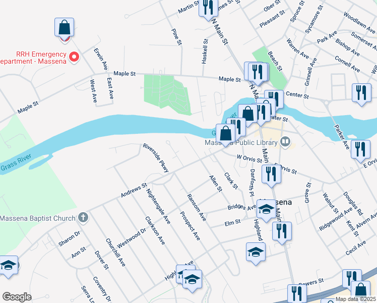 map of restaurants, bars, coffee shops, grocery stores, and more near 10 North Allen Street in Massena