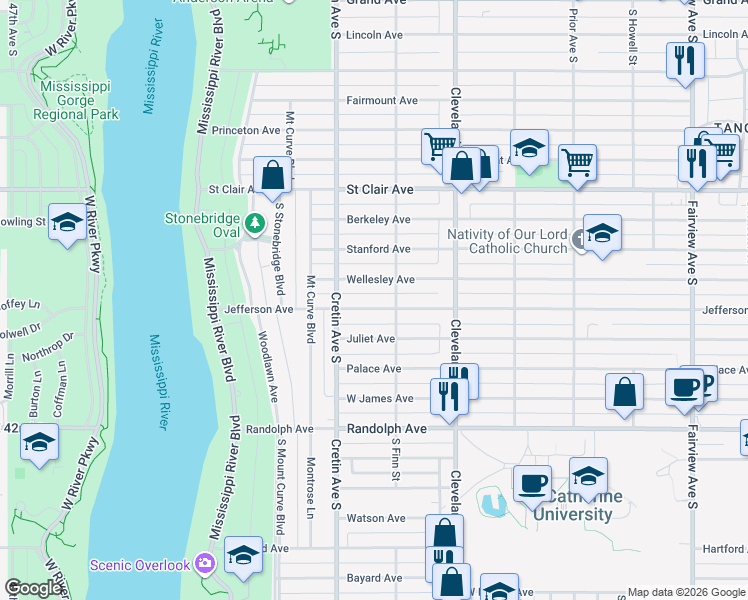 map of restaurants, bars, coffee shops, grocery stores, and more near 2131 Jefferson Avenue in Saint Paul