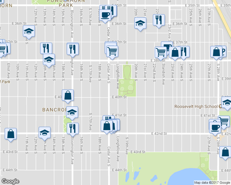 map of restaurants, bars, coffee shops, grocery stores, and more near 3944 Longfellow Avenue in Minneapolis