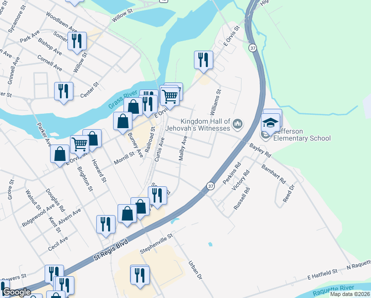 map of restaurants, bars, coffee shops, grocery stores, and more near 62 Malby Avenue in Massena