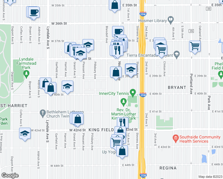 map of restaurants, bars, coffee shops, grocery stores, and more near 3944 Van Nest Avenue in Minneapolis