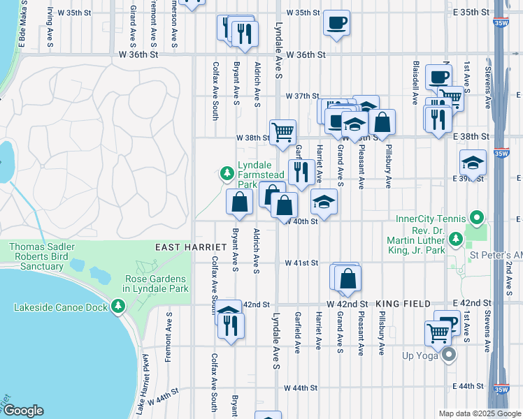 map of restaurants, bars, coffee shops, grocery stores, and more near 3941 Aldrich Avenue South in Minneapolis