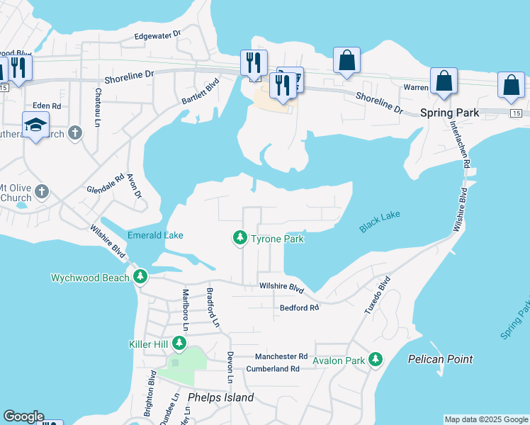 map of restaurants, bars, coffee shops, grocery stores, and more near 2614 Clare Lane in Mound
