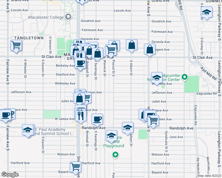 map of restaurants, bars, coffee shops, grocery stores, and more near 349 Pascal Street South in Saint Paul