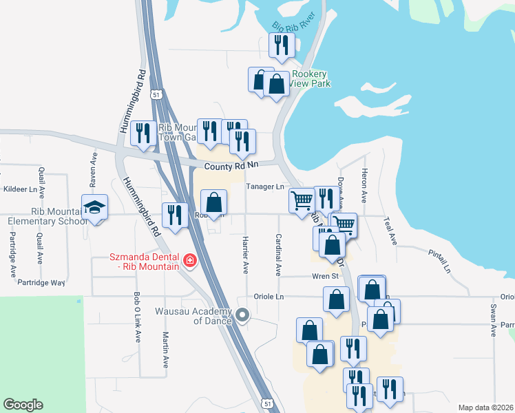 map of restaurants, bars, coffee shops, grocery stores, and more near 1906 Robin Lane in Wausau