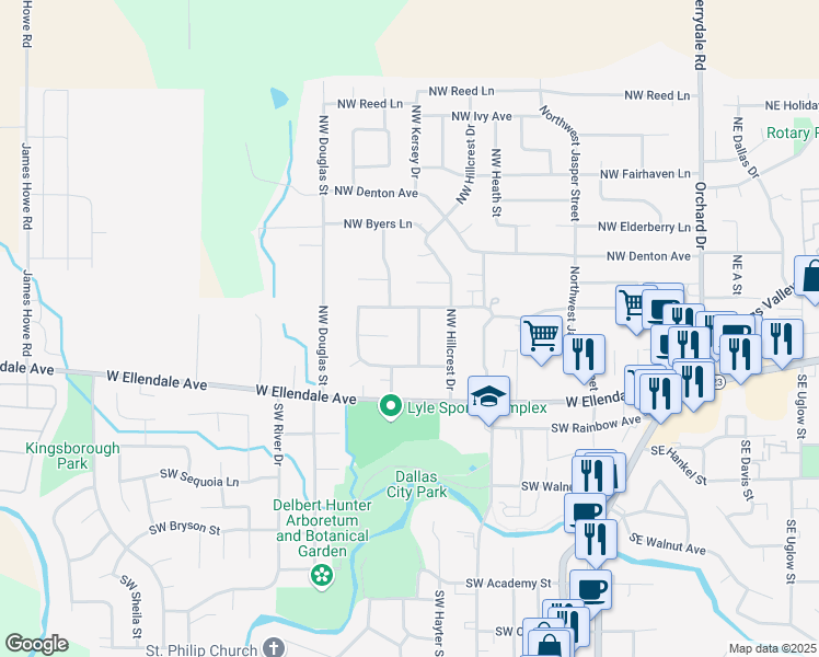 map of restaurants, bars, coffee shops, grocery stores, and more near 267 Northwest Sunny Drive in Dallas