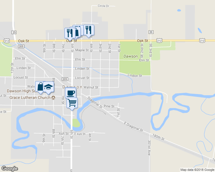 map of restaurants, bars, coffee shops, grocery stores, and more near 205 Walnut Street in Dawson