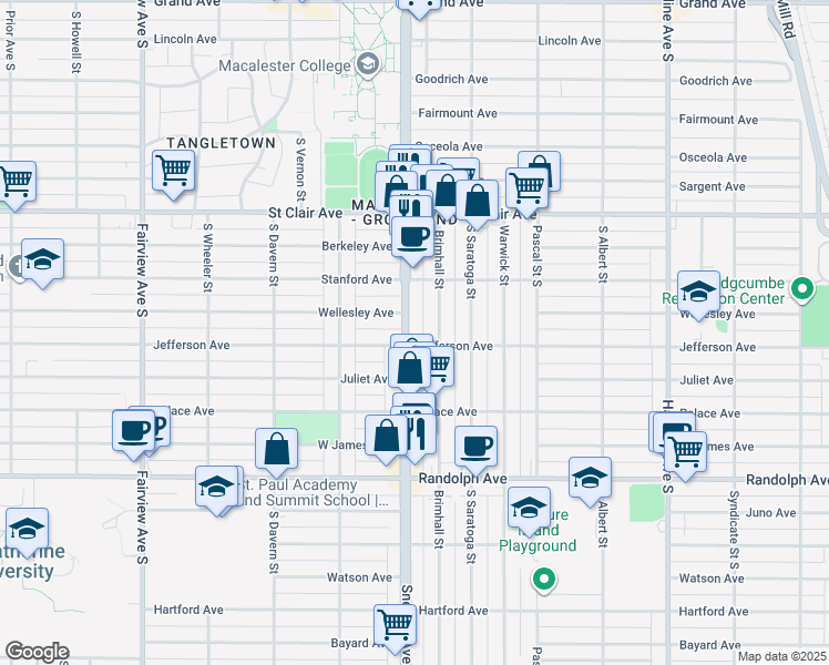 map of restaurants, bars, coffee shops, grocery stores, and more near 350 Snelling Avenue South in Saint Paul