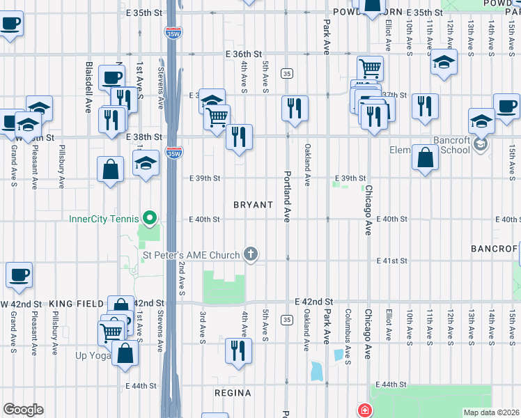 map of restaurants, bars, coffee shops, grocery stores, and more near 3943 South 5th Avenue in Minneapolis